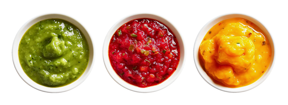 Salsa verde, salsa roja and mango salsa in white bowls offer a vibrant trio of flavors and textures for dipping or topping