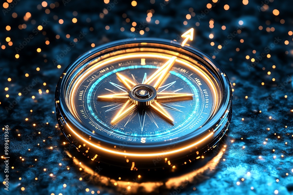 Poster vision compass design, showing a glowing compass with arrows pointing toward future goals
