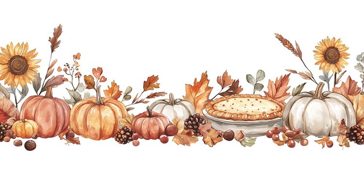 Horizontal watercolor border filled with elements of Thanksgiving like pumpkins and pie.