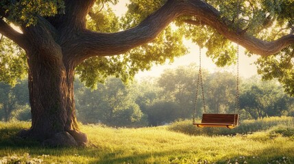 A charming scene of an ancient oak tree with a swing hanging from its sturdy branches, inviting family and friends to enjoy the outdoors together.