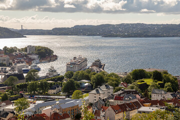 View of the Vågen Bay Harbor of Bergen and Nordnes Peninsula, On a Summer Evening, Norway from Atop Mount Floyen