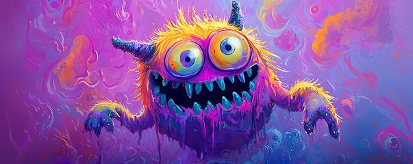 Playful, colorful monster illustration against a purple background in cartoon style.