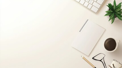 Minimalist Top View of White Office Desk with Blank Notebook, Computer Items, and Coffee Cup for Text Space