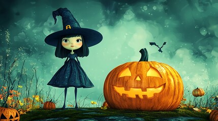 Playful Halloween illustration with a witch and a pumpkin, crafted in high resolution.
