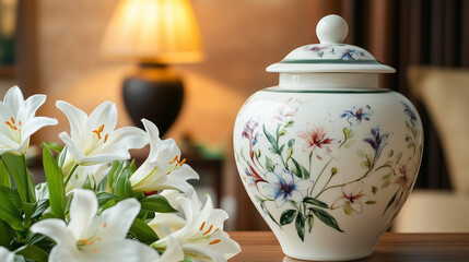 Ornate floral urn with white lilies in peaceful home setting