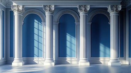 Fototapeta premium Blue columns in classic architecture with gray walls and shadows