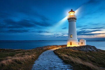 Naklejka premium Vision-focused lighthouse, with clean lines and a glowing beam, representing guidance and foresight