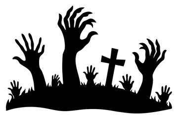 Zombie hands silhouette. Creepy zombie crooked lambs stick out of graveyard ground vector illustration set. Halloween zombie hands. Halloween and nightmare, creepy and evil zombie