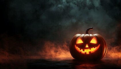 Central glowing pumpkin on a dark, eerie Halloween background with ample space for text.