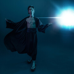 A guy in a kimono and geta in the image of a charismatic villain, dynamic poses, wide-angle view