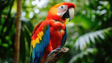 Obraz premium A close-up of a colorful parrot perched on a tropical branch, with lush greenery in the background, highlighting its striking feathers and playful nature.