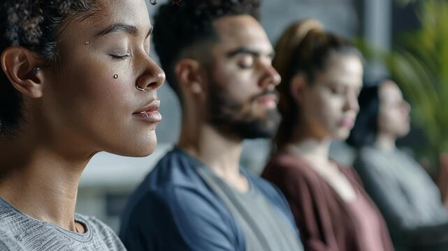 Group of young people is taking part in a neurotechnology experiment, focusing on their breathing while meditating with their eyes closed