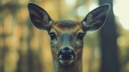 A close-up of a deer gentle face, focusing on its large, dark eyes and soft fur, with a blurred forest background to highlight its serene nature.
