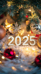 Golden "2025" surrounded by Christmas ornaments and festive lights