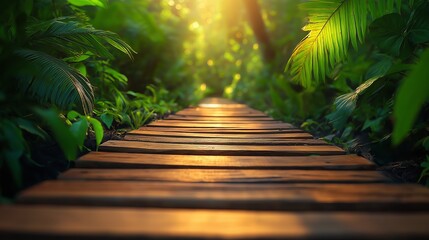 Fototapeta premium Wooden walkway, pathway in the tropical garden with sunlight. Nature background