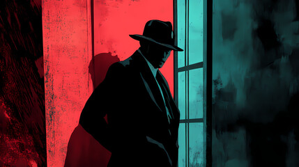 Authentic stock photos depict cinematic scenes with high-contrast color combinations and moody lighting resembling still frames from a film noir or thriller movie. Film Noir. Illustration