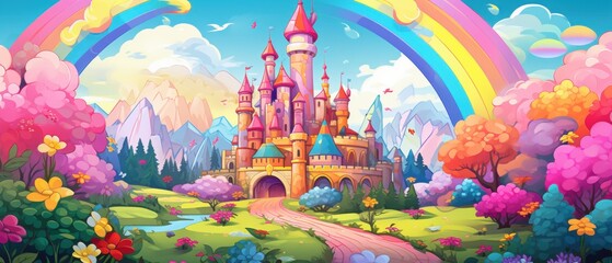 A Majestic Castle Nestled in a Vibrant Fantasy Landscape with a Rainbow Overhead