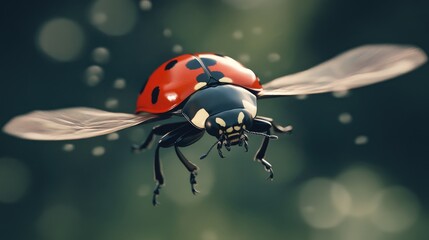 A close-up of a ladybug taking flight, with its wings spread and ready to soar, capturing the moment of transition and freedom.
