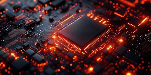 Fototapeta premium Intricate Microchip Design, showcasing detailed textures against a backdrop of softly blended abstract technology patterns