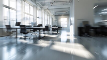 Blurry wideangle view of minimalist office floor with motion capture creating the illusion of floating desks and chairs in a dreamlike space