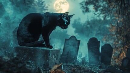 Black Cat Perched on a Tombstone in a Foggy Graveyard