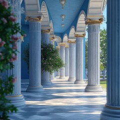 Blue columns in classic architecture with gray walls and shadows