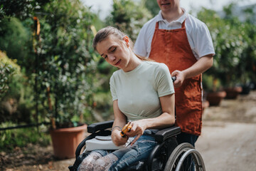 A girl in a wheelchair enjoying outdoor time with a boy with Down syndrome, surrounded by greenery. The scene conveys friendship and inclusivity.