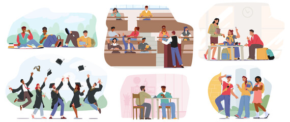 University Students Engaged In Various Activities Including Studying, Attending Lectures, And Celebrating Graduation
