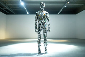 Sculpture of a human figure made from recycled materials, symbolizing sustainability, art, and environmental consciousness. Copy space