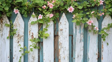 A close-up of a weathered picket fence with peeling paint, adorned with climbing vines and flowers, showcasing the beauty of nature reclaiming its space.