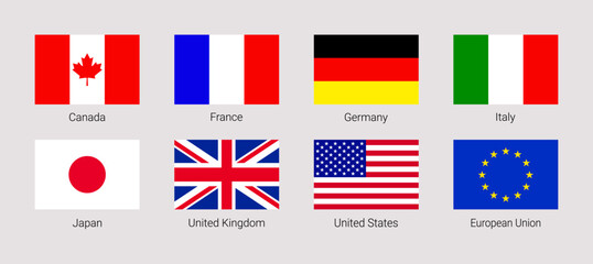 The Group of Seven flag vector illustration. G7 and EU rectangle flags icons with members countries names. Canada, France, Germany, Italy, Japan, United Kingdom, USA simple stickers. geometric signs