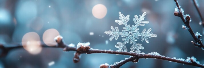 Delicate snowflake on a branch, serene winter forest softly blurred in the background, tranquil and enchanting winter scene