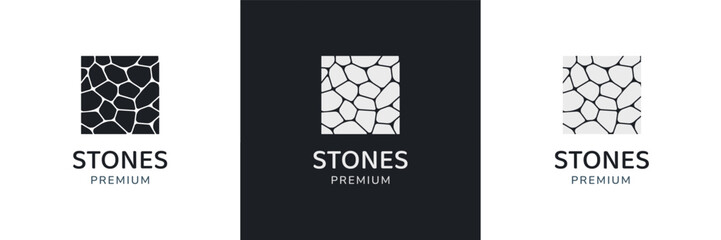 Stones logo template vector illustration. cobblestone logotype concept. Simple square rocks icons isolated. Simple geometric sign for building, interior designs, business cards, company branding.