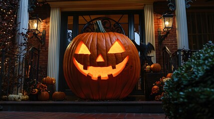 Halloween entry with a prominently carved pumpkin head inviting guests to the festivities.