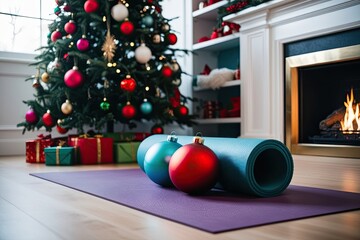 Yoga Mat Decorated with Colorful Ornaments in Front of a Festive Christmas Tree