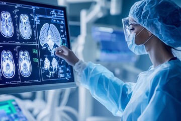  Doctor Reviewing Advanced Brain Scans on Digital Screen in High-Tech Medical Facility - Generative AI