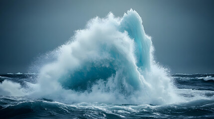 A giant iceberg collapsing into the ocean creating huge waves and splashes.