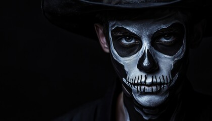 Young man with hat and face painted like a skeleton looking into the camera.