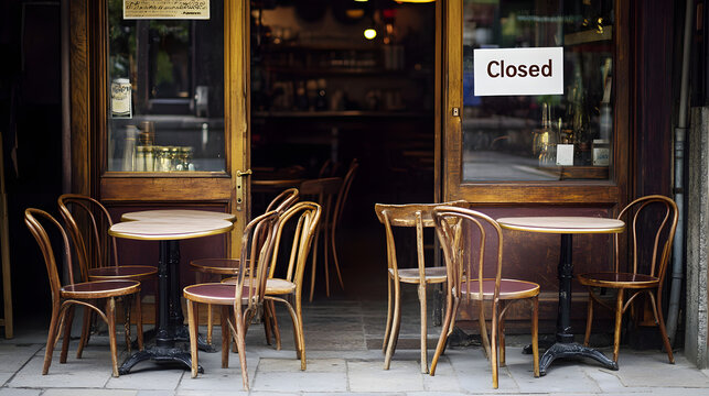A European cafe terrace with empty tables and chairs stacked a Closed sign visible in the doorway.