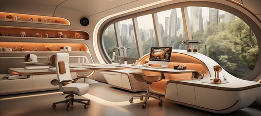 Obraz premium Futuristic home office a digital wall projector voiceactivated desk gadgets and a smart organization system integrated into the decor