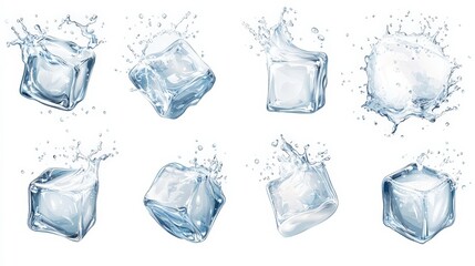 Obraz premium Crystal Clear Ice Cubes and Splashes Collection with Swirl Effects - Minimal Vector Design Mockup Template in Soft Pastel Tones