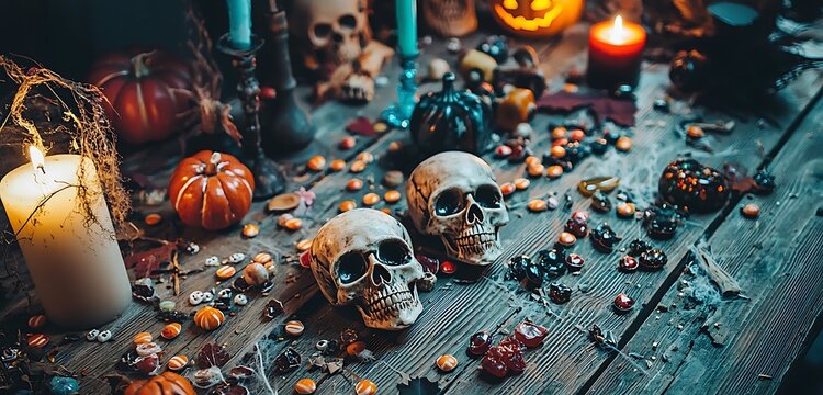 Old-style Halloween table setup with skull candies amidst nostalgic decor.