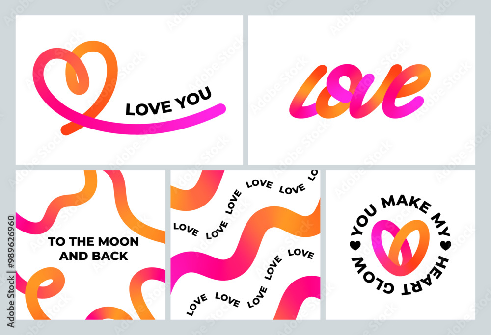 Poster Abstract Background for Valentine's Day with Colorful Lines and Heart Shapes. Vector Art with Doodle Wavy Gradient Lines. Heart and Love Illustrations.