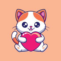 Cute Cat With Love Heart Cartoon Vector Icon Illustration. Isolated Flat Cartoon Style.