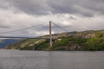  Approaching the Askøy Suspension Bridge Across the Byfjorden, From the deck of a cruise ship leaving Bergen, Norway in Summer