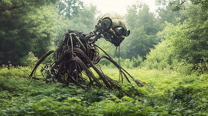 The Rusty Guardian: A haunting yet strangely beautiful sculpture of a metal creature, seemingly crafted from discarded metal and gears, stands amidst lush greenery, its rusted form blending with the n