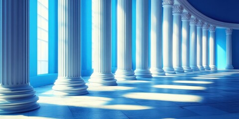 Obraz premium Blue columns in classic architecture with gray walls and shadows