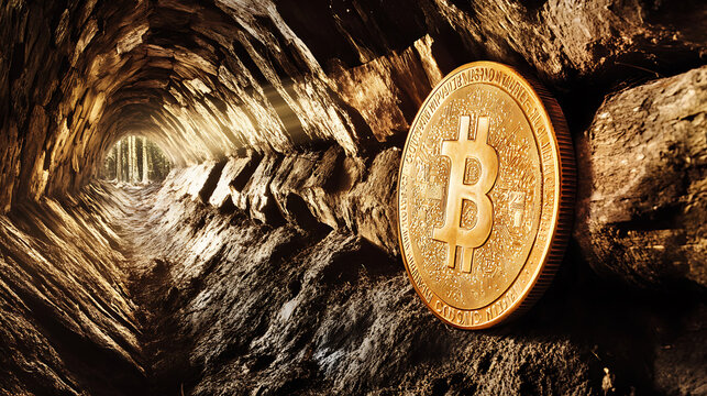 Bitcoin's Hidden Depths: A solitary Bitcoin rests within the heart of a rugged mine, symbolizing the digital gold rush and the mysterious world of cryptocurrency. 