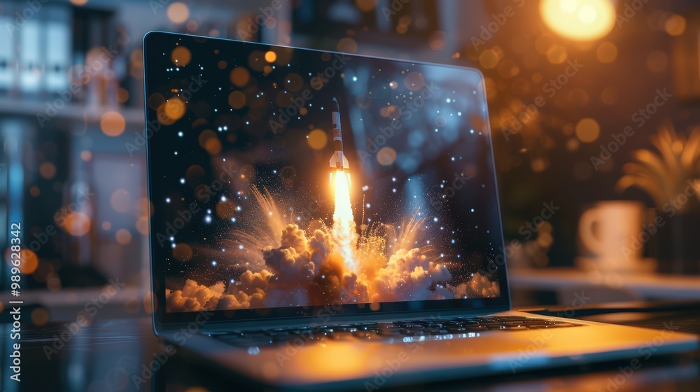 Canvas Prints rocket launching from a laptop on an office table to ascend into the air. business startup new idea 
