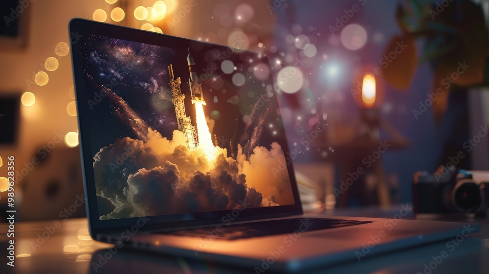 Canvas Prints rocket launching from a laptop on an office table to ascend into the air. business startup new idea 